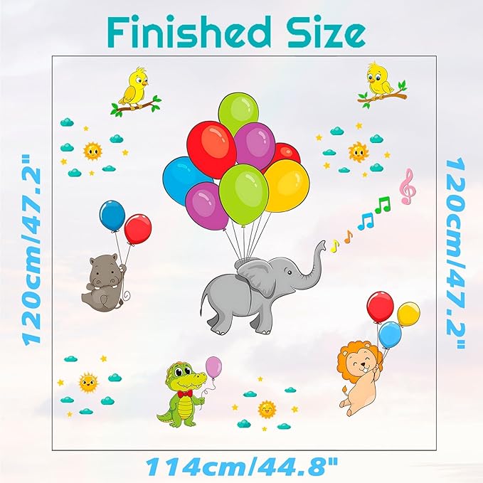 Eutecado Forest Animals Balloon Wall Decals Colorful Kids Wall Stickers, Lovely Elephant Hippo Lion Crocodile Wall Stickers Sun Clouds Art Decals for Nursery Classroom Playroom Cute Room Decor