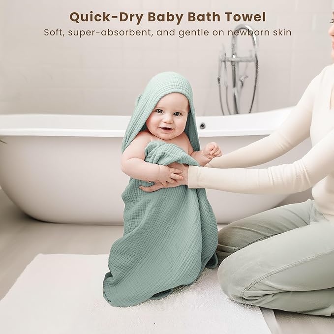 Konssy 2-Pack Muslin Hooded Baby Towels, 100% Cotton, Ultra-Soft & Absorbent Baby Bath Towels with Hood for Newborn & Infant (Green, Stripe, 32" x 32")