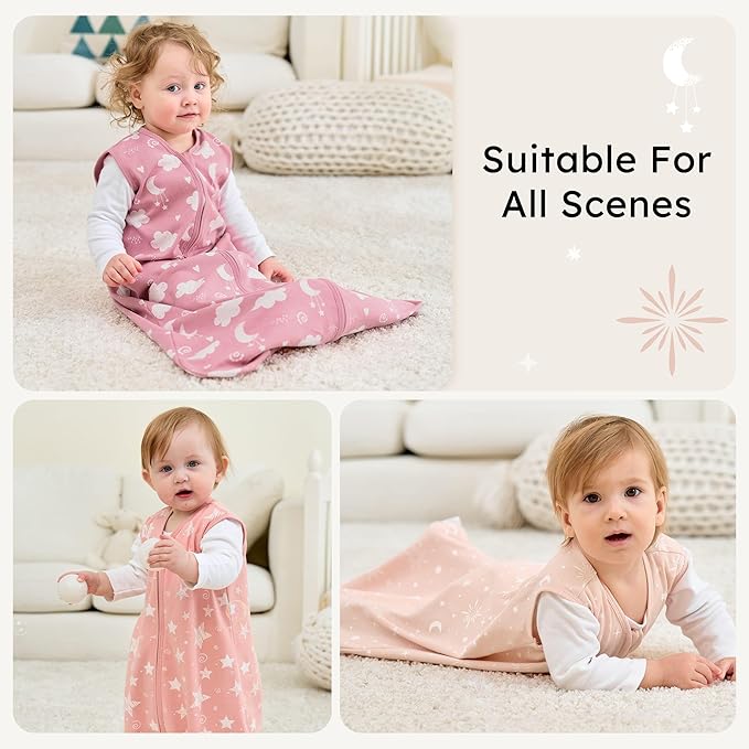 Baby Sleep Sack 12-18 months, 100% Cotton Sleeping Sack for Toddler, 3 Pack Baby Wearable Blanket, 0.5 Tog Lightweight Double Zipper Sleep Bag Large Pink Stars Moon
