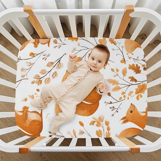 Orange Squirrels and Autumn Leaves Crib Sheets Standard Crib Toddler Mattresses Cover Fitted Baby Bed Sheet Breathable Crib Mattress Sheet for Girls Boys 52" x 28"x5''