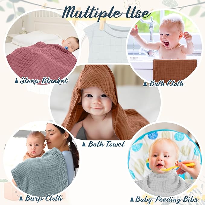 VitalCozy 12 Pcs Baby Muslin Hooded Bath Towels and Washcloths Muslin Cotton Hooded Baby Towels Absorbent Blankets for Gift Newborn Infant Shower (35 x 35 Inch,Multicolor)