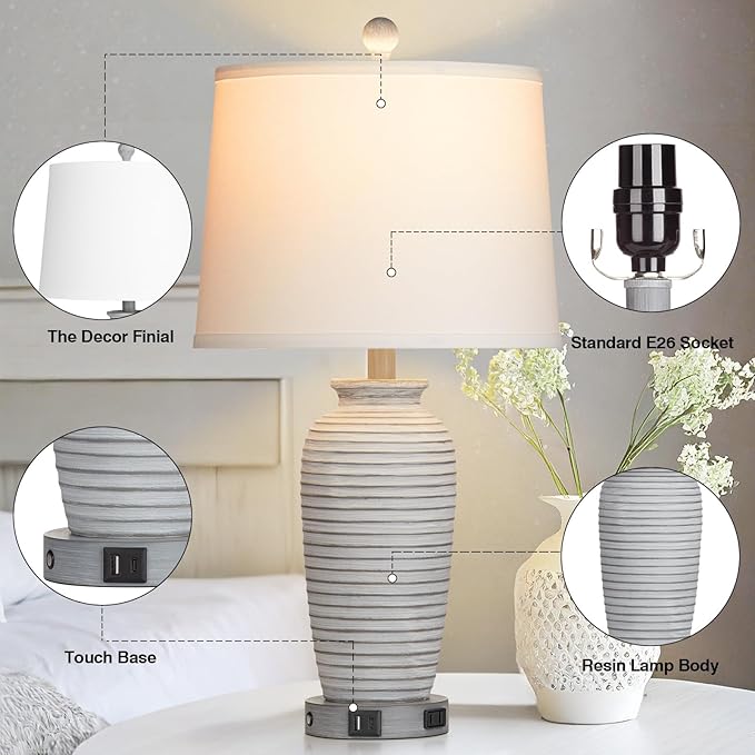 CINSARY 25" Farmhouse Jar Table Lamps Set of 2, 3 Way Touch Control Rustic Bedside Lamps with USB A+C Ports & AC Outlet, Pot Nightstand Lamps for Bedroom Living Room (LED Bulbs Included)