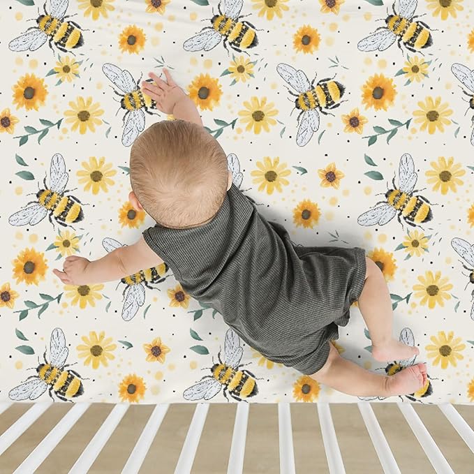 Boho Bees Sunflowers Baby Crib Sheets for Boy Girl 52"x28" Watercolor Bee Yellow Floral Soft Snug Fitted Crib Mattress Cover Spring Summer Baby Sheet for Standard Crib & Toddler Bed Mattress