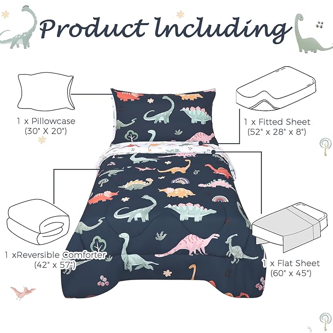 Toddler Bedding Set for Boys, 4 Piece Toddler Boy Bedding, Super Soft Crib Comforter Set Includes Comforter, Flat Sheet, Fitted Sheet, Pillowcase (Blue Dinosaur)