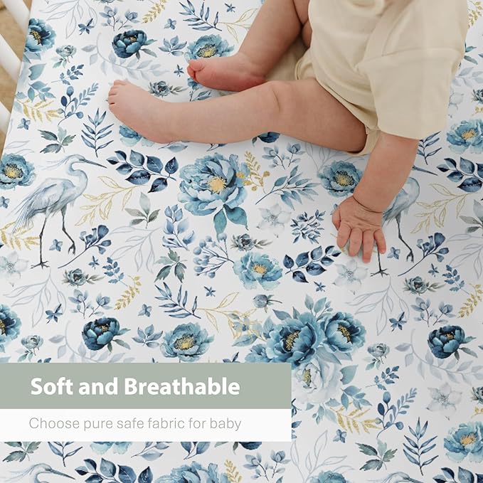 Watercolor Cranes Flowers Baby Crib Sheets for Boy Girl 52"x28" Crane Blue Gold Floral Leaves Soft Stretchy Fitted Crib Mattress Cover Wild Birds Baby Sheet for Standard Crib and Toddler Bed Mattress