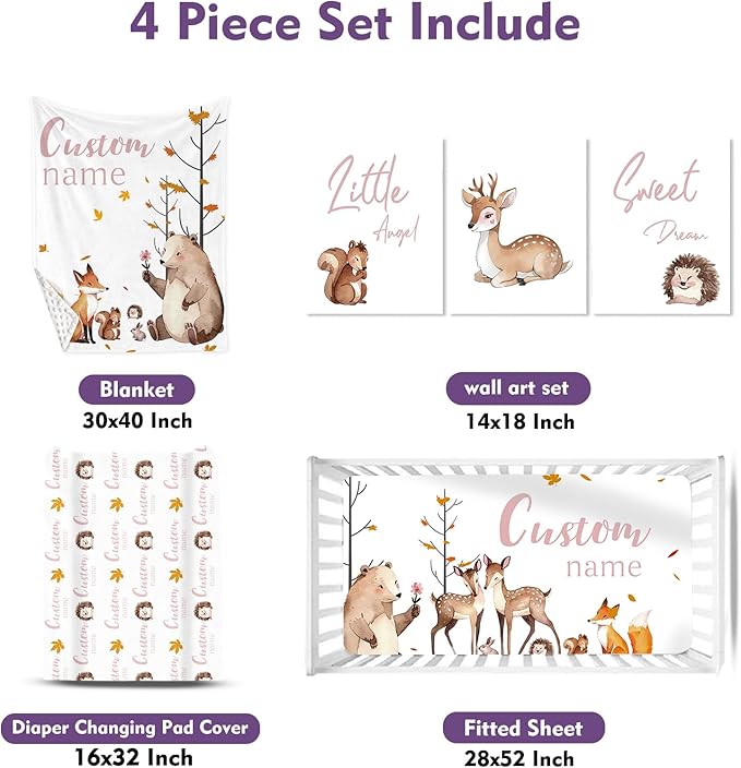 Personalized Baby Crib Bedding Set: 4 Piece Custom Gift Crib Bed Set with Name - Fox Sika Deer Design, Nursery Bedding Set for Baby Girls,Newborn Girls Crib Sets, Crib Bedding Shower Gifts