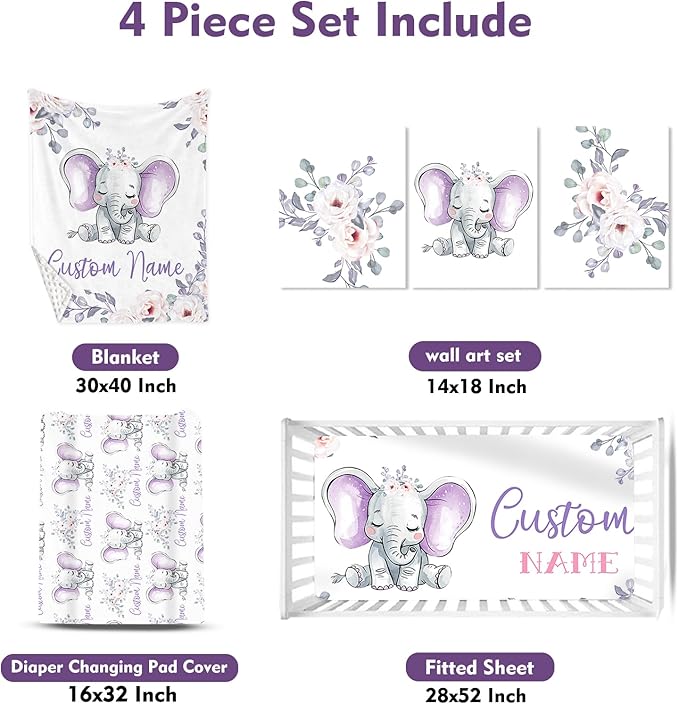 Personalized Baby Crib Bedding Set: 4 Piece Custom Gift Crib Bed Set with Name - Light Purple Elephant Design, Nursery Bedding Set for Baby Girls,Newborn Girls Crib Sets, Crib Bedding Shower Gifts