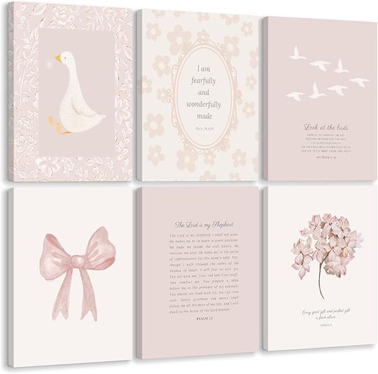 Nursery Christian Wall Art Bible Verse Prints Pink Girl Nursery Room Canvas Wall Decor Coquette Bow Poster Jesus Boho Scripture Pictures Vintage Floral Artwork for Bedroom 8x10x6 Inch Wrapped Canvas