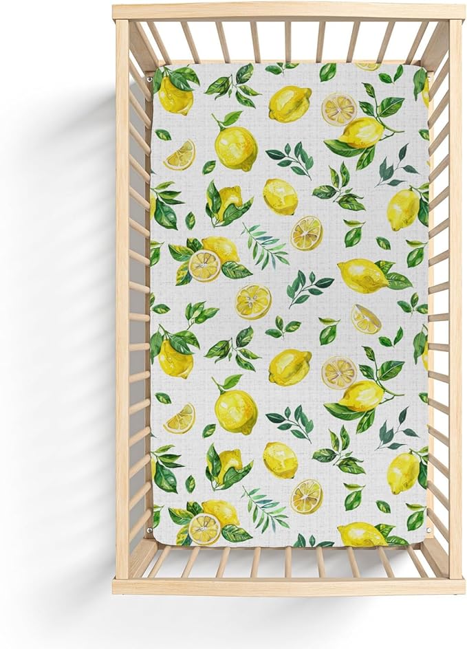Watercolor Lemons Baby Crib Sheets for Boy Girl 28"x52" Retro Yellow Lemon Green Leaves Soft Snug Fitted Crib Mattress Cover Tropical Summer Fruits Baby Sheet for Standard Crib & Toddler Bed Mattress