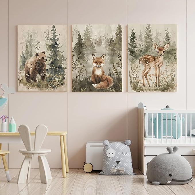 ICHZUMW Woodland Animals Nursery Wall Decor, Nursery Wall Art, Watercolor Bear Fox Deer Painting Print Artwork for Boys Girls Kids Room, Wrapped Canvas, Ready to Hang, 12x16in, Set of 3