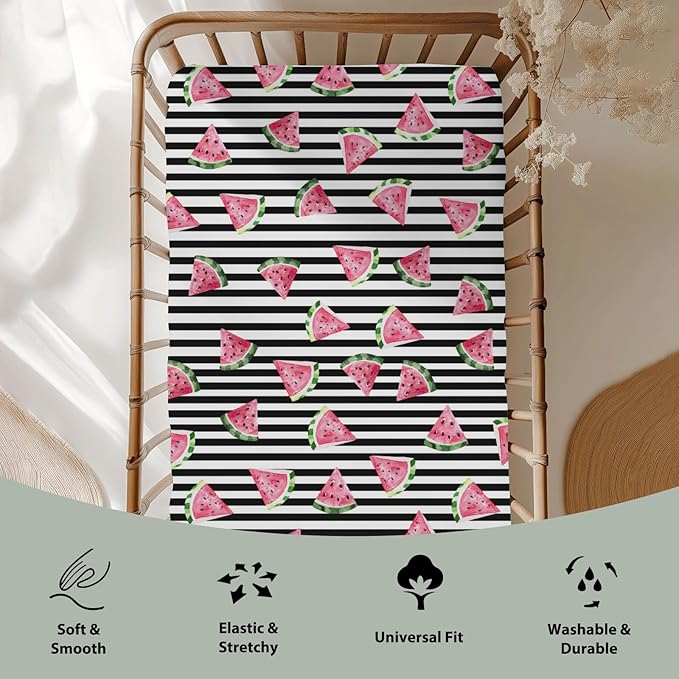 Watermelon Black and White Stripes Baby Crib Sheets for Boy Girl 52"x28" Tropical Summer Fruits Soft Stretchy Fitted Crib Mattress Cover Beach Vacation Baby Sheet for Crib and Toddler Bed Mattresses