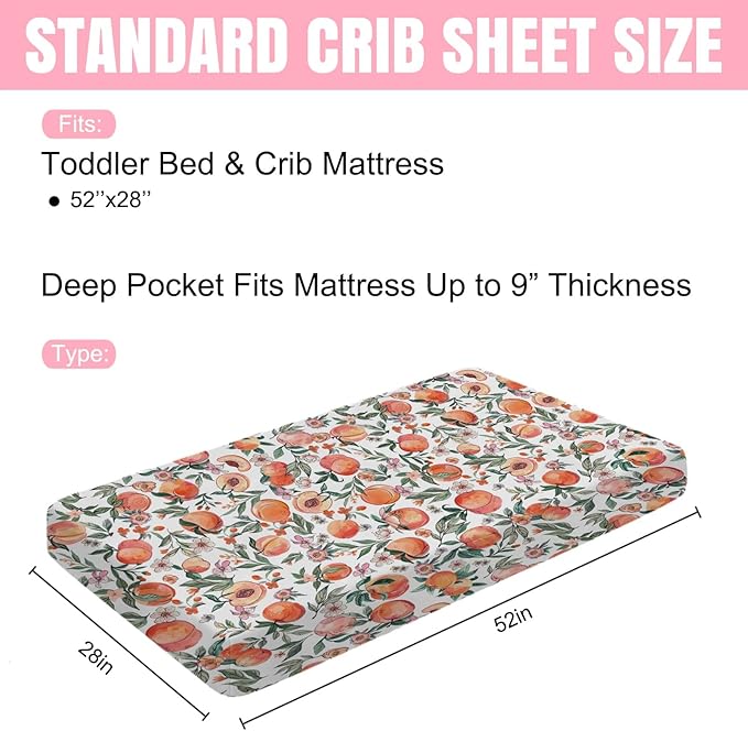 Peach Baby Crib Sheet 52''x28'' Vintage Peach Fruit Floral Leaves Stretchy Fitted Crib Mattress Covers for Boy Girl Summer Soft Baby Nursery Bed Sheets for Standard Crib and Toddler Mattresses