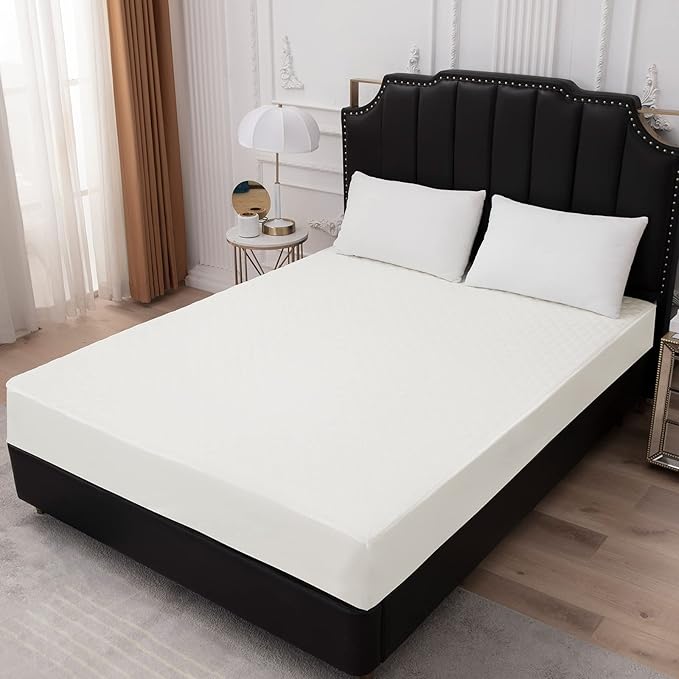 Mecerock Quilted Fitted Mattress Protector - Full Size, 18 Inch Deep Pocket, Washable, Waterproof, Ivory
