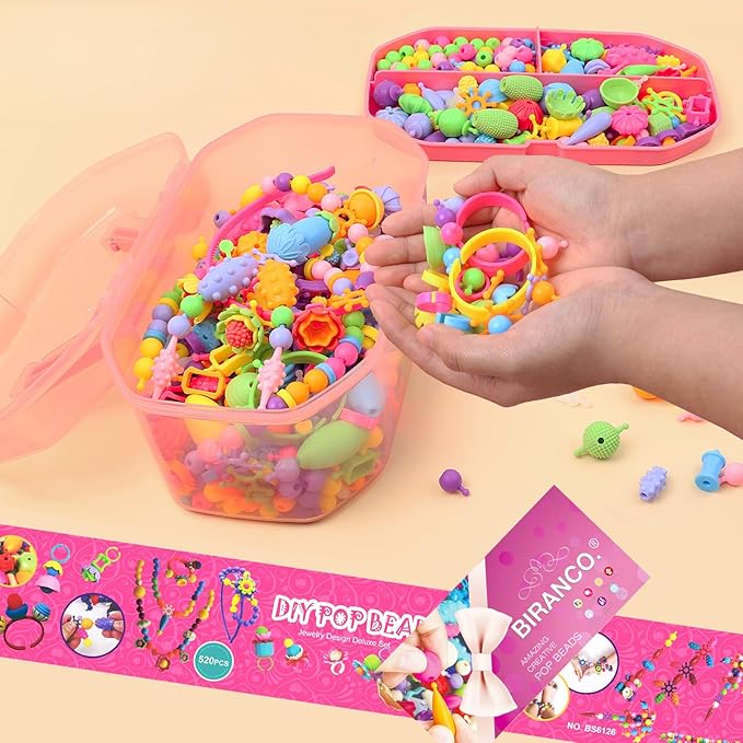 BIRANCO. Pop Beads, Jewelry Making Kit - Arts and Crafts for Girls 3-7 Years Old, Snap Beads Toys - Necklace, Bracelet, Ring Creative DIY Set - 520 pcs