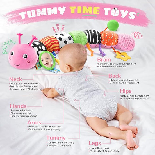 Baby Toys 6-12 Months Music Caterpillar,Stuffed Animals Infant Toys 0-3-6 Months,Teething Sensory Toys Tummy Time with Mirror Crinkle Rattle&Pull String for Boys Girls Gifts Birthday|Pink