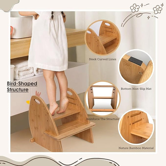 TIKSPCAE Wooden 2 Step Stool for Kids,Toddler Adjustable Triple Height Step Stool,Bamboo Bird-Shaped Design,300lbs Capacity,Ideal for Bathroom,Kitchen,Bedroom