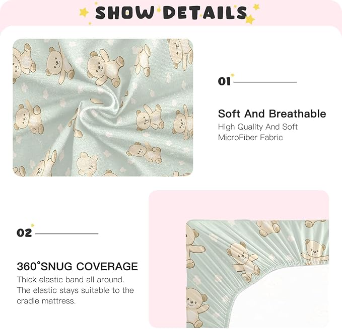 Baby Crib Sheets Fitted Crib Sheet Standard Crib and Toddler Mattress for Boys Girls 39 * 27in Pink Starfish Shell Pattern (Bear White Flower Pattern, Medium)