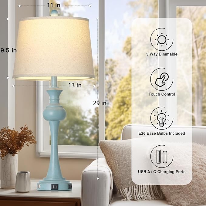 Cinyirong 29" Coastal Table Lamp Set of 2, 3-Way Dimmable Touch-Control Bedside Lamps with USB-A+C Ports, Vintage Farmhouse Nightstand Lamps for Bedroom, Retro Blue (Includes 2 LED Bulbs)