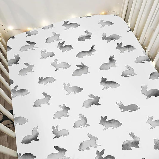 Vintage Gray Rabbit Baby Crib Sheets for Boy Girl 28"x52" Retro Bunny Soft Stretchy Fitted Crib Mattress Cover Spring Garden Animal Nursery Baby Sheet for Standard Crib & Toddler Mattress Pad
