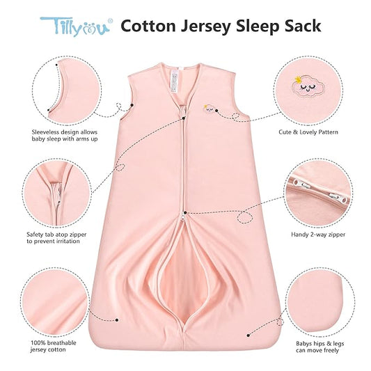 TILLYOU 2 Pack Baby Sleep Sack 6-12 Months 100% Cotton Wearable Blanket 0.5 TOG Sleeveless Summer Sleep Sacks with 2-Way Zipper, Pink Elephant & Cloud