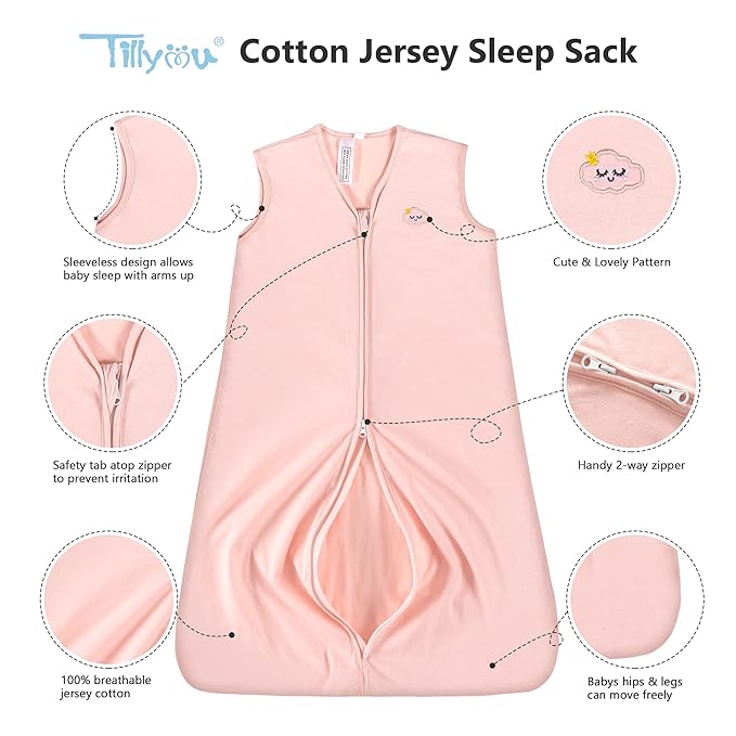 TILLYOU 2 Pack Baby Sleep Sack 12-18 Months 100% Cotton Wearable Blanket 0.5 TOG Sleeveless Summer Sleep Sacks with 2-Way Zipper, Pink Elephant & Cloud