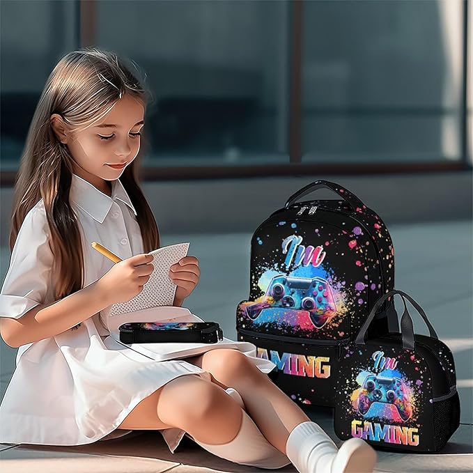 COZYAURA Kids Backpack with Lunch Box - Graffiti Video Gamer Backpack for School - Lightweight Black Gaming Backpacks for Boys
