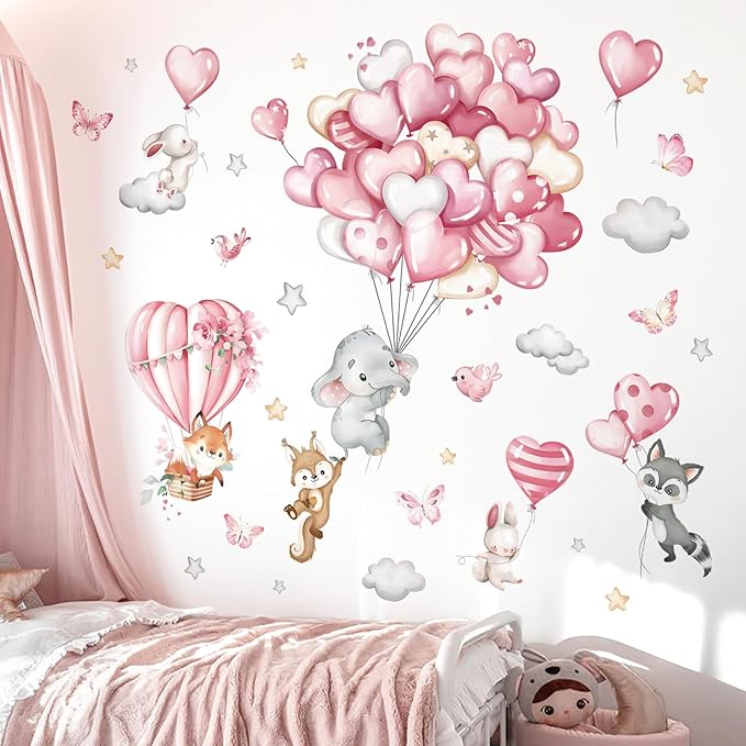 decalmile Forest Animals Pink Balloon Wall Decals Hot Air Balloon Elephant Fox Wall Stickers Baby Nursery Girls Bedroom Playroom Wall Decor