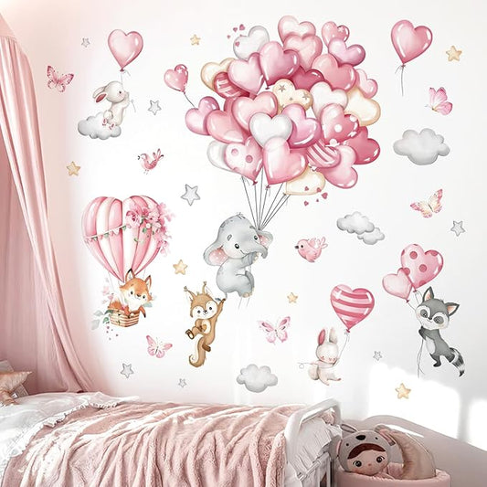 decalmile Forest Animals Pink Balloon Wall Decals Hot Air Balloon Elephant Fox Wall Stickers Baby Nursery Girls Bedroom Playroom Wall Decor