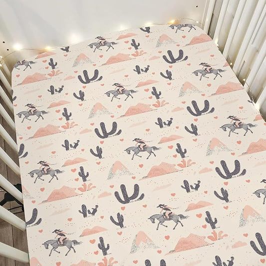 Vintage Western Cowgirl Love Baby Crib Sheets for Boy Girl 28"x52" Retro Cowgirl Horse Cactus Soft Stretchy Fitted Crib Mattress Cover Baby Sheet Fits for Standard Crib and Toddler Mattresses