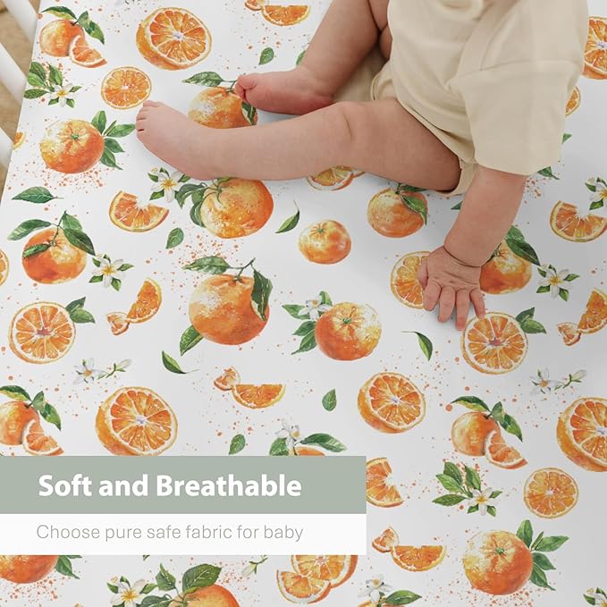 Watercolor Oranges Baby Crib Sheets for Boy Girl 52x28Inch Orange Branches Flowers Leaves Soft Snug Fitted Crib Mattress Cover Summer Citrus Fruit Baby Sheet for Standard Crib & Toddler Bed Mattress