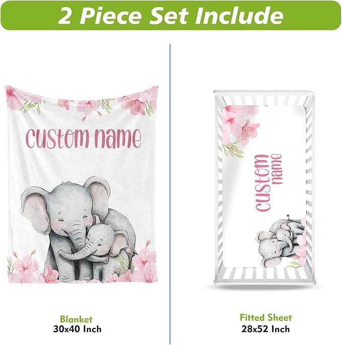 Personalized Crib Bedding Set for Boys Girls, Custom Baby Crib Sets with Name, Pink Flower Elephant Design Nursery Bedding 2 Piece - Soft Blanket with Double Layer Dotted Backing, Crib Fitted Sheet