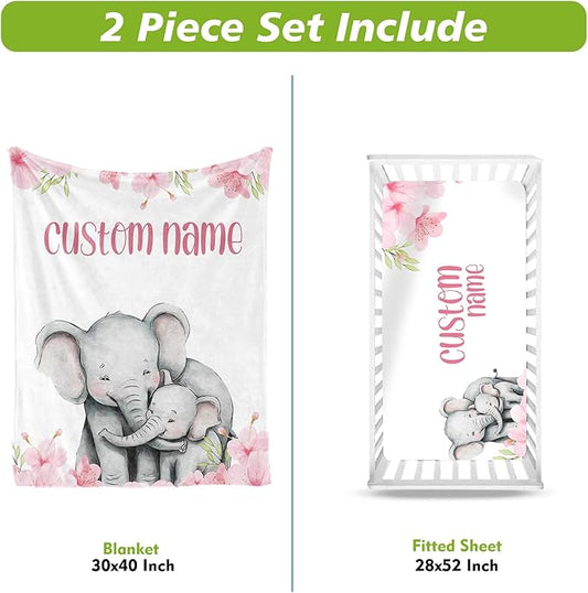 Personalized Crib Bedding Set for Boys Girls, Custom Baby Crib Sets with Name, Pink Flower Elephant Design Nursery Bedding 2 Piece - Soft Blanket with Double Layer Dotted Backing, Crib Fitted Sheet