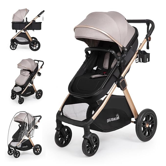 6-in-1 Convertible Baby Stroller with Bassinet Mode - Toddler Stroller w/Footmuff, Rain Cover, Cup Holder & Large Storage, Newborn w/All-Scene Large Wheels, Reversible Seat(Grey)