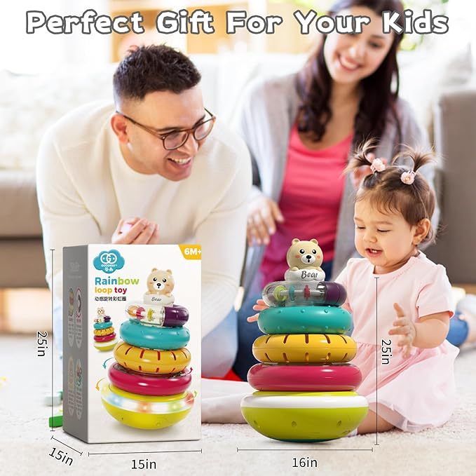 Baby Ring Stacker Toy with Lights, Musical Stacking Toys for Toddlers 1-3, Automatic Rotating Montessori Toys for Babies 6-12 Months, Early Learning Toy 1 Year Old Boy and Girl Gifts