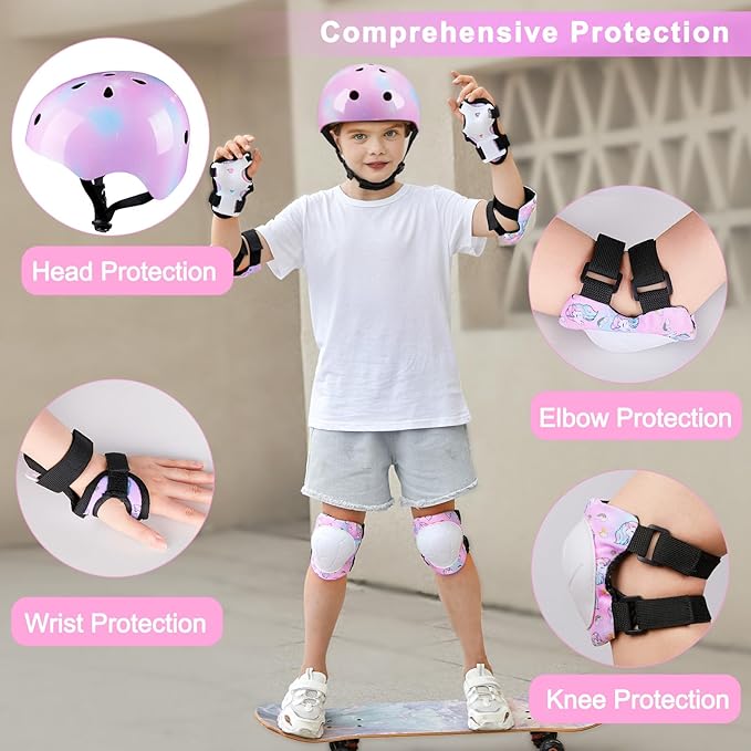 FIODAY Kids Helmet Knee Pads for Kids Unicorn Knee and Elbow Pads Wrist Guards Adjustable Protective Gear Set for Girls Boys Sports Skateboard Inline Skating Scooter