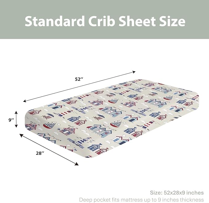 Beach Huts Boats Lighthouse Baby Crib Sheets for Boy Girl 28"x52" Summer Seaside Holiday Soft Snug Fitted Crib Mattress Cover Marine Ocean Nautical Baby Sheet for Standard Crib & Toddler Bed Mattress