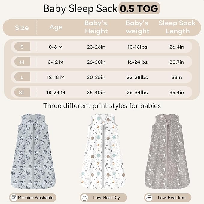 Baby Sleep Sack 0-6 Months 3 Pack 100% Cotton Lightweight 0.5 TOG Wearable Blanket Baby Sleep Bag with 2-Way Zipper for Newborn Infant White Gray Blue Space