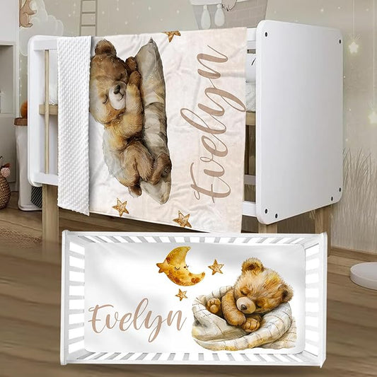 Personalized Baby Crib Bedding Set, Custom Name Star Bear Theme Baby Bedding 2-Pcs Set - Soft Double Layer Dotted Blanket and Fitted Sheet, Nursery Bedding for Newborn Boys Girls, Perfect Shower Gift