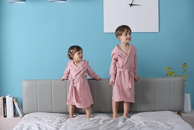 Organic Cotton Toddler Bathrobe, Soft and Breathable Baby Robe for Kid, Boy& Girl Hooded Robe Muslin