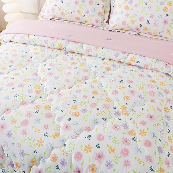 Wajade Floral Comforter Set Bed in A Bag Full Size 7 Piece Botanical Flower Green Leaves Rabbits Bedding Set for Girls (1 Comforter, 1 Flat Sheet, 1 Fitted Sheet, 2 Pillowcase and 2 Pillow Sham)