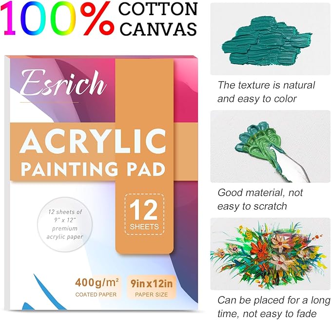 ESRICH Acrylic Paint Set, 74 PCS Professional Paint Supplies with Paint Brushes, Wooden Tabletop Easel, Canvases, Painting Pads, Palette, Paint Knives, Brush Cup and Art Sponge for Hobbyists Beginners