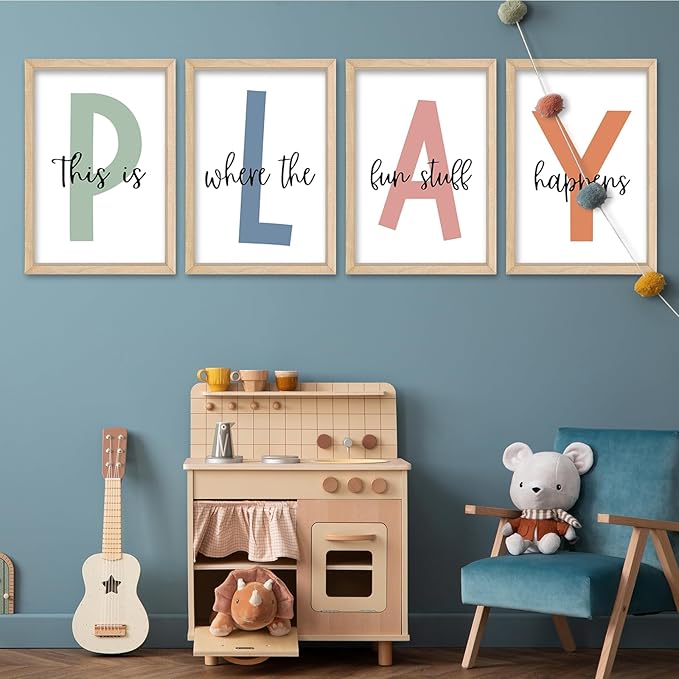 YWJKWLGS This Is Where The Fun Stuff Happens Kids Playroom Wall Decor 16"x11" Set of 4 Nursery Interesting Modren Wood Framed Let's Play Prints Sign for Boy Toddler Children Wall Hanging Art (Wood)