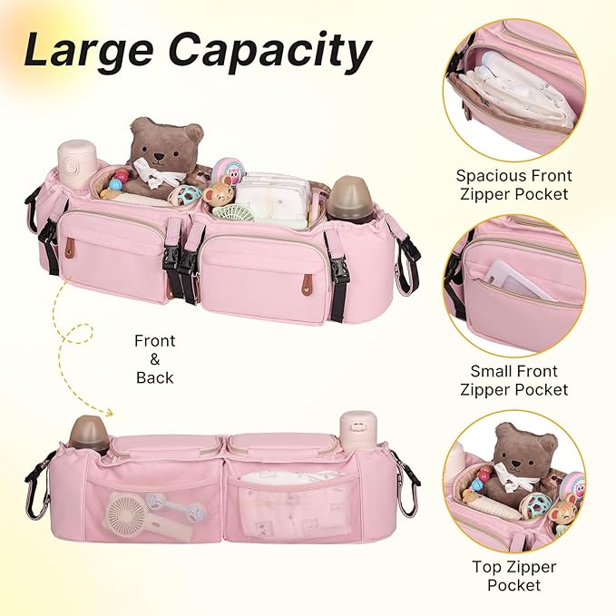 Boomistry Double Stroller Organizer for Bob Duallie and Baby Jogger City Mini GT2, Double Stroller Caddy Organizers with Cup Holder and 2 Cooler Pockets Parent Console Double Stroller Accessories