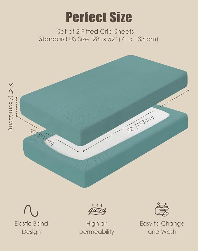 SWEET DOLPHIN 2-Pack Muslin Crib Sheets for Boys & Girls, Ultra Soft Breathable 40S Long-Staple Cotton Fitted Baby Sheets for Standard Crib Mattress 52"x28", Light Teal- Nursery Essentials