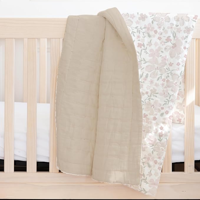 MakeMake Organics Organic Twin Comforter GOTS Certified Organic Kids Blanket Cotton Infill Tufted - Reversible Ultra Soft Breathable Boys Girls (68"x88", Blossom + Solid Taupe)