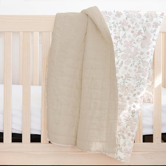 MakeMake Organics Organic Twin Comforter GOTS Certified Organic Kids Blanket Cotton Infill Tufted - Reversible Ultra Soft Breathable Boys Girls (68"x88", Blossom + Solid Taupe)