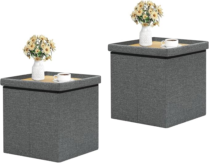 B FSOBEIIALEO Storage Ottoman with Tray, Linen Small Coffee Table Folding Foot Rest Seat Cube, Dark Grey 16"X15.7"x15" Double (2 Pack)