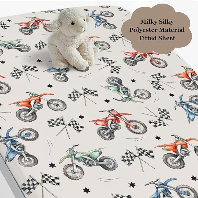 Vintage Motor Dirt Bike Baby Crib Sheet for Boys & Girls 28x52 Inch Cute Race Bikes Plaid Checker Flag Stars Baby Sheet for Standard Crib and Toddler Mattress Toddler Bed Sheet Bike One Size