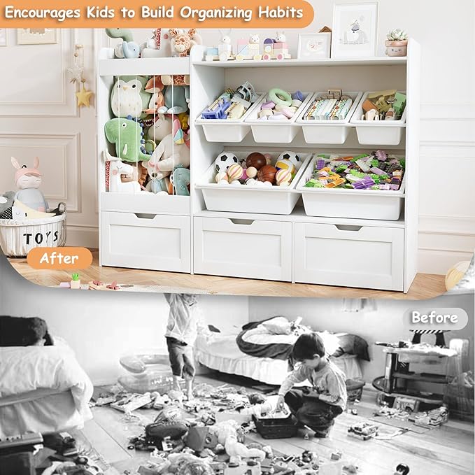 VortinT Kids Stuffed Animal Storage, 50.6" W x 41.3" H Large Toy Organizer Shelf with 6 Plastic Bins, 3 Rolling Drawers, Wooden Toddler Toy Organization Shelves for Play Room, Nursery(White)