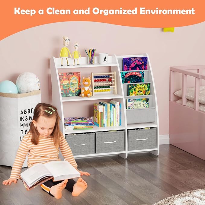 HedoAjim White Kids Bookshelf Wood Toy Storage Organizer Cabinet Children Bookcase Toddler Baby Sling Book Rack 3 Cube Bins Sail Boat Arc Shape for Playroom Bedroom Nursery Classroom